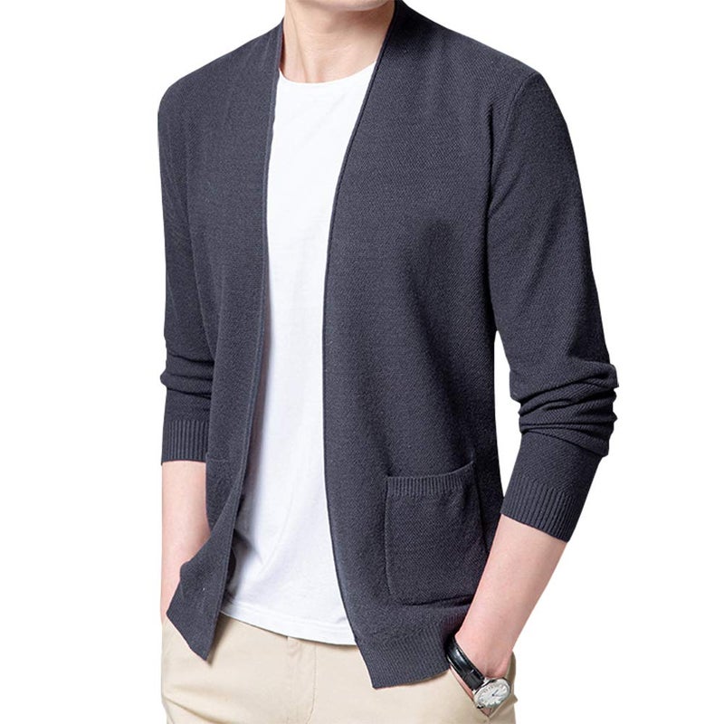 Womleys Mens Casual Open Front Long Sleeve Cotton Cardigan Sweater (Grey, Large) - Image 2